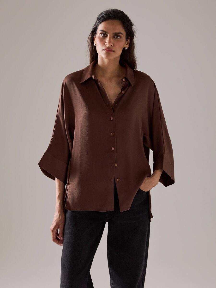 STILLVEA. Elegant Casual Deep Color Collared Button-Up Loose Ribbed Satin Side Slit Women Long Sleeve Shirt,Fall Clothes,Elegant Dress Blouses - Coffee Brown - View 1