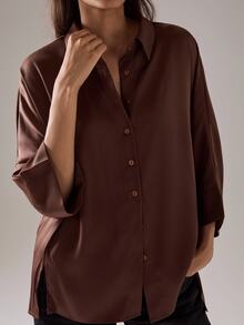 STILLVEA. Elegant Casual Deep Color Collared Button-Up Loose Ribbed Satin Side Slit Women Long Sleeve Shirt,Fall Clothes,Elegant Dress Blouses - Coffee Brown - View 5
