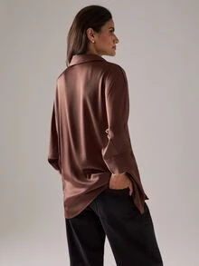 STILLVEA. Elegant Casual Deep Color Collared Button-Up Loose Ribbed Satin Side Slit Women Long Sleeve Shirt,Fall Clothes,Elegant Dress Blouses - Coffee Brown - View 3