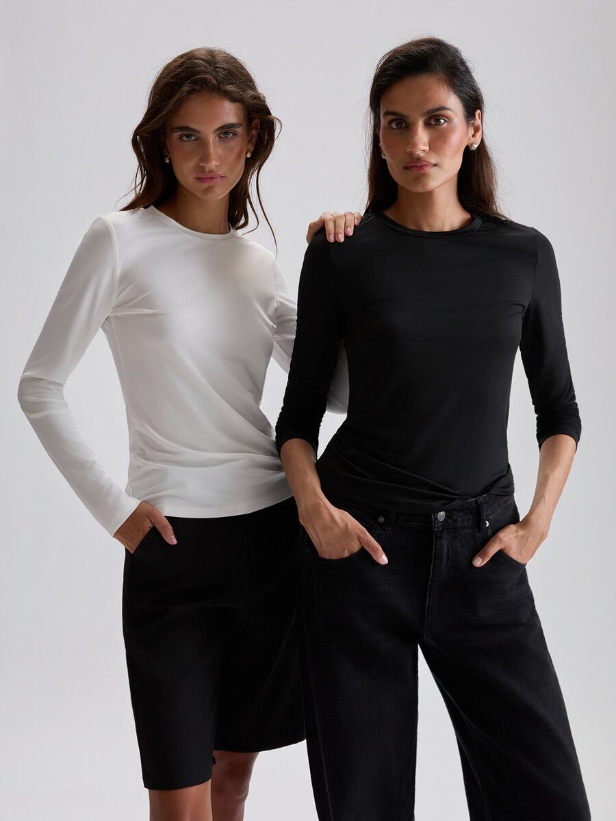 STILLVEA. 2pcs Solid Round Neck Tee Fall Cloth For Women,Fall Clothes - Black and White - View 1