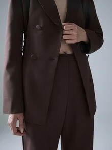 STILLVEA. 緞面拼接綁帶女款西裝外套 + 休閒喇叭褲套裝，秋季服飾，套裝，優雅 - 棕色 - 查看 7