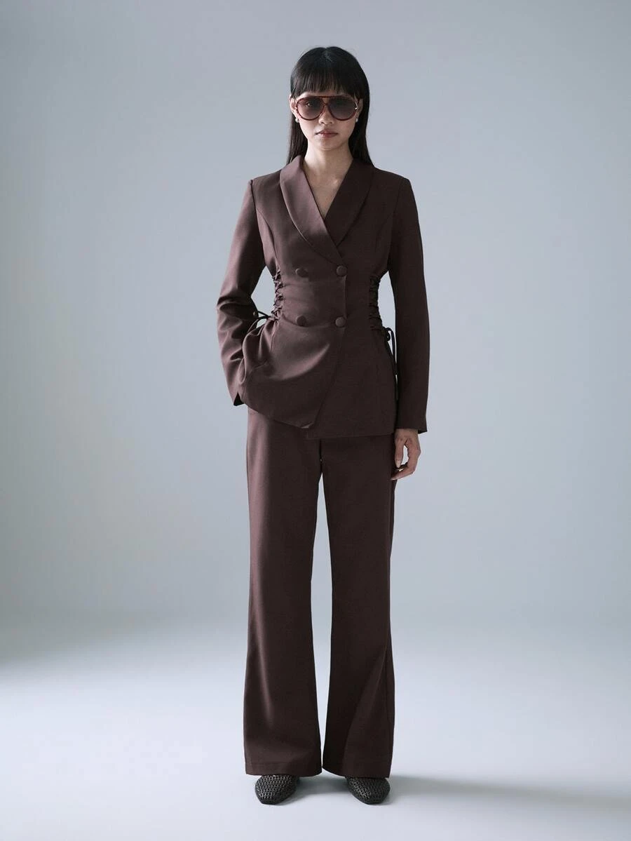 STILLVEA. 緞面拼接綁帶女款西裝外套 + 休閒喇叭褲套裝,秋季服飾,套裝,優雅 - 棕色 - 查看 1