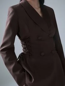 STILLVEA. 緞面拼接綁帶女款西裝外套 + 休閒喇叭褲套裝，秋季服飾，套裝，優雅 - 棕色 - 查看 2