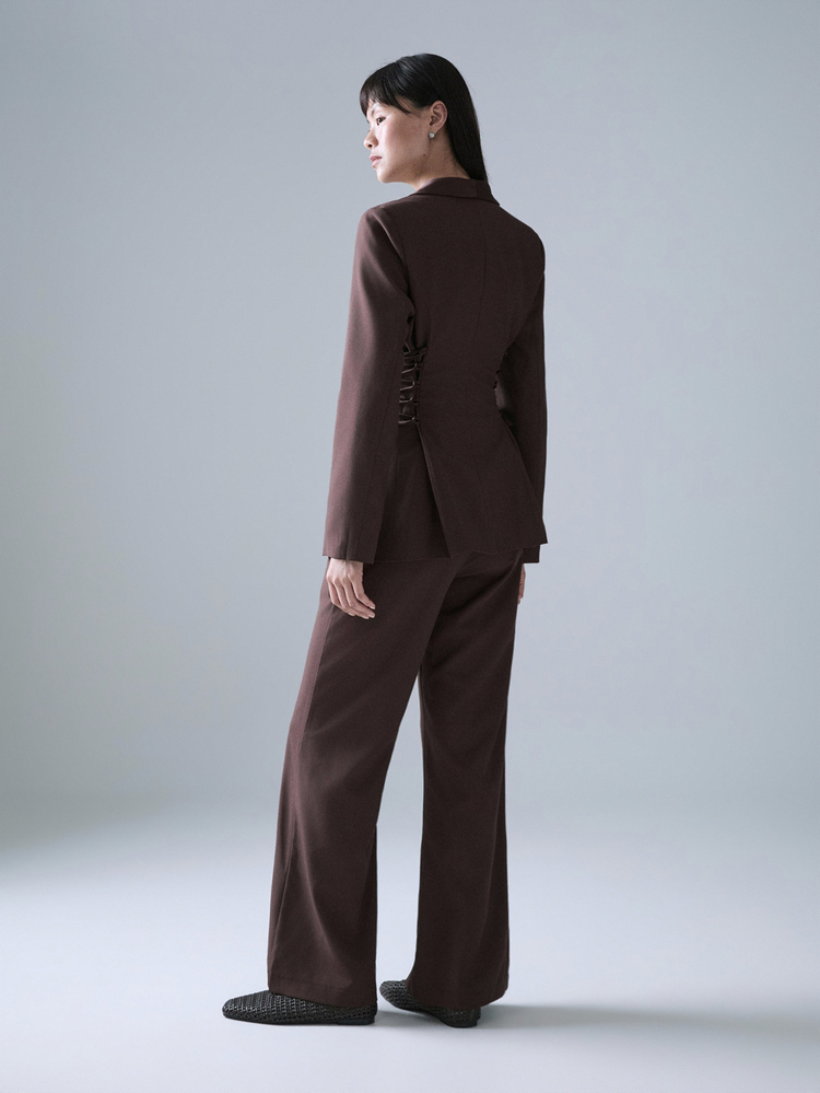 STILLVEA. Satin Patchwork Lace-Up Women's Blazer Jacket + Casual Flare Pants Suit,Fall Clothes,Matching Sets,Elegant - Brown - View 3