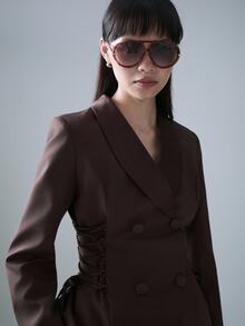 STILLVEA. 緞面拼接綁帶女款西裝外套 + 休閒喇叭褲套裝，秋季服飾，套裝，優雅 - 棕色 - 查看 4