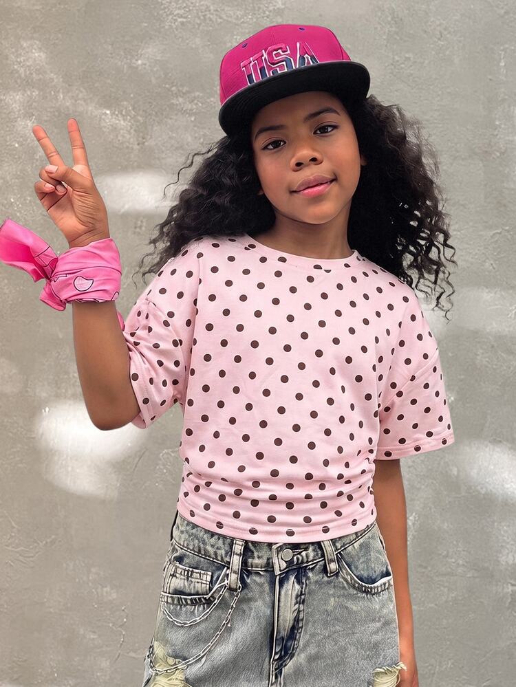 Crop Top Berkerut Motif Polkadot Pink untuk Anak Perempuan Remaja, Kaos Kasual Musim Panas untuk Sekolah atau Liburan - Berwarna merah muda - View 6