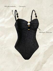 SHEIN Swim 1 件纯色优雅时尚女士连体泳衣 - 黑色 - 查看 5
