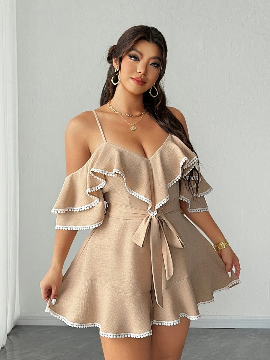 Elenzga Plus Size Sexy Off-Shoulder Backless Resort Jumpsuit - Khaki - View 1