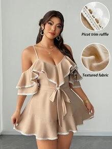 Elenzga Plus Size Sexy Off-Shoulder Backless Resort Jumpsuit - Khaki - View 8