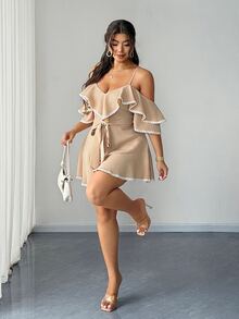 Elenzga Plus Size Sexy Off-Shoulder Backless Resort Jumpsuit - Khaki - View 6