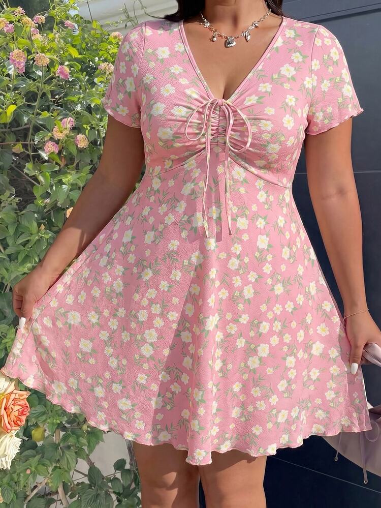 GalTyme Plus Size Women's Pink V-Neck Drawstring Ruched Short Sleeve Dress Wedding Guest Summer Sexy - Pink - View 3