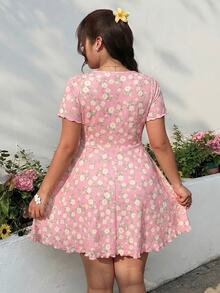 GalTyme Plus Size Women's Pink V-Neck Drawstring Ruched Short Sleeve Dress Wedding Guest Summer Sexy - Pink - View 6