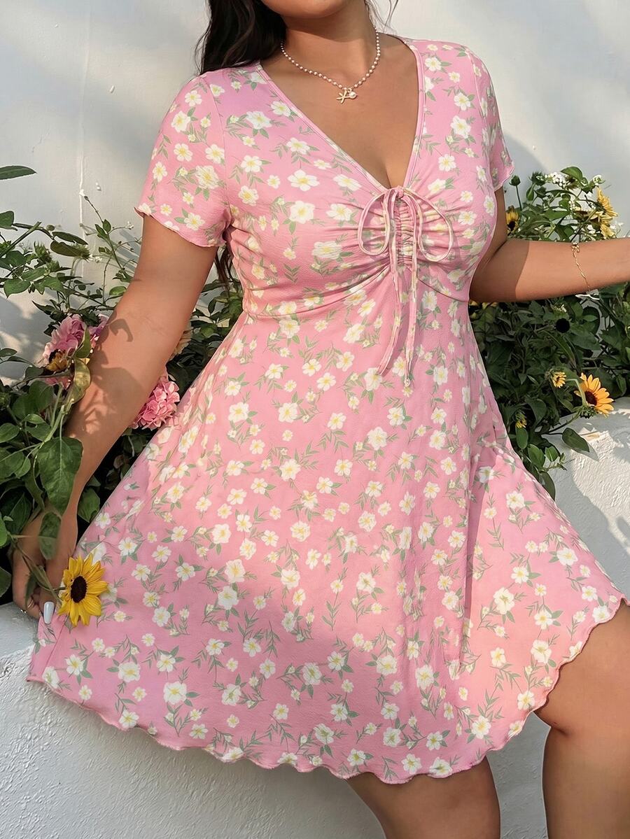 GalTyme Plus Size Women's Pink V-Neck Drawstring Ruched Short Sleeve Dress Wedding Guest Summer Sexy - Pink - View 1
