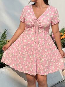 GalTyme Plus Size Women's Pink V-Neck Drawstring Ruched Short Sleeve Dress Wedding Guest Summer Sexy - Pink - View 2