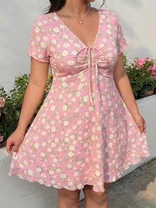 GalTyme Plus Size Women's Pink V-Neck Drawstring Ruched Short Sleeve Dress Wedding Guest Summer Sexy - Pink - View 5