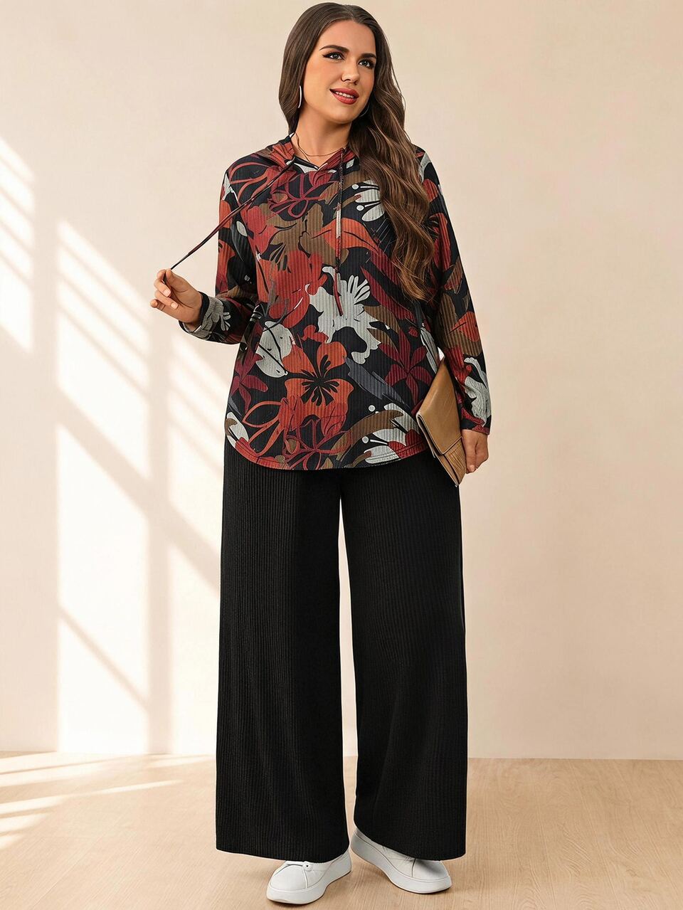 Women's Plus Size Printed Pullover Hoodie Set, Autumn/Winter Fall Winter 2026 Fall Outfits Hooded Printed Casual Sexy Suit Brunch Formal Black