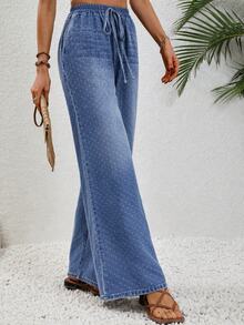 Breezaya Summer Casual Street Vacation Wide Leg High Waist Drawstring Polka Dot Graphic Blue Beach Going Out Jeans For Women - Medium Wash - View 4