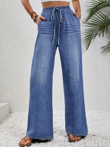 Breezaya Summer Casual Street Vacation Wide Leg High Waist Drawstring Polka Dot Graphic Blue Beach Going Out Jeans For Women - Medium Wash - View 5