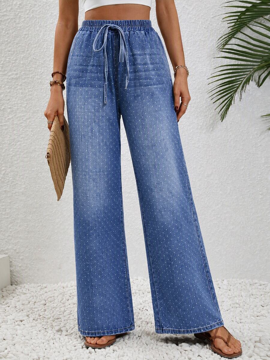 Breezaya Summer Casual Street Vacation Wide Leg High Waist Drawstring Polka Dot Graphic Blue Beach Going Out Jeans For Women - Medium Wash - View 1