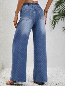Breezaya Summer Casual Street Vacation Wide Leg High Waist Drawstring Polka Dot Graphic Blue Beach Going Out Jeans For Women - Medium Wash - View 2
