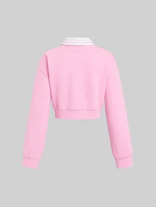 Sweetra Autumn New American Vintage Casual Striped Loose Pullover 2 In 1 Polo Collar Long Sleeve Sweatshirt - Pink - View 2