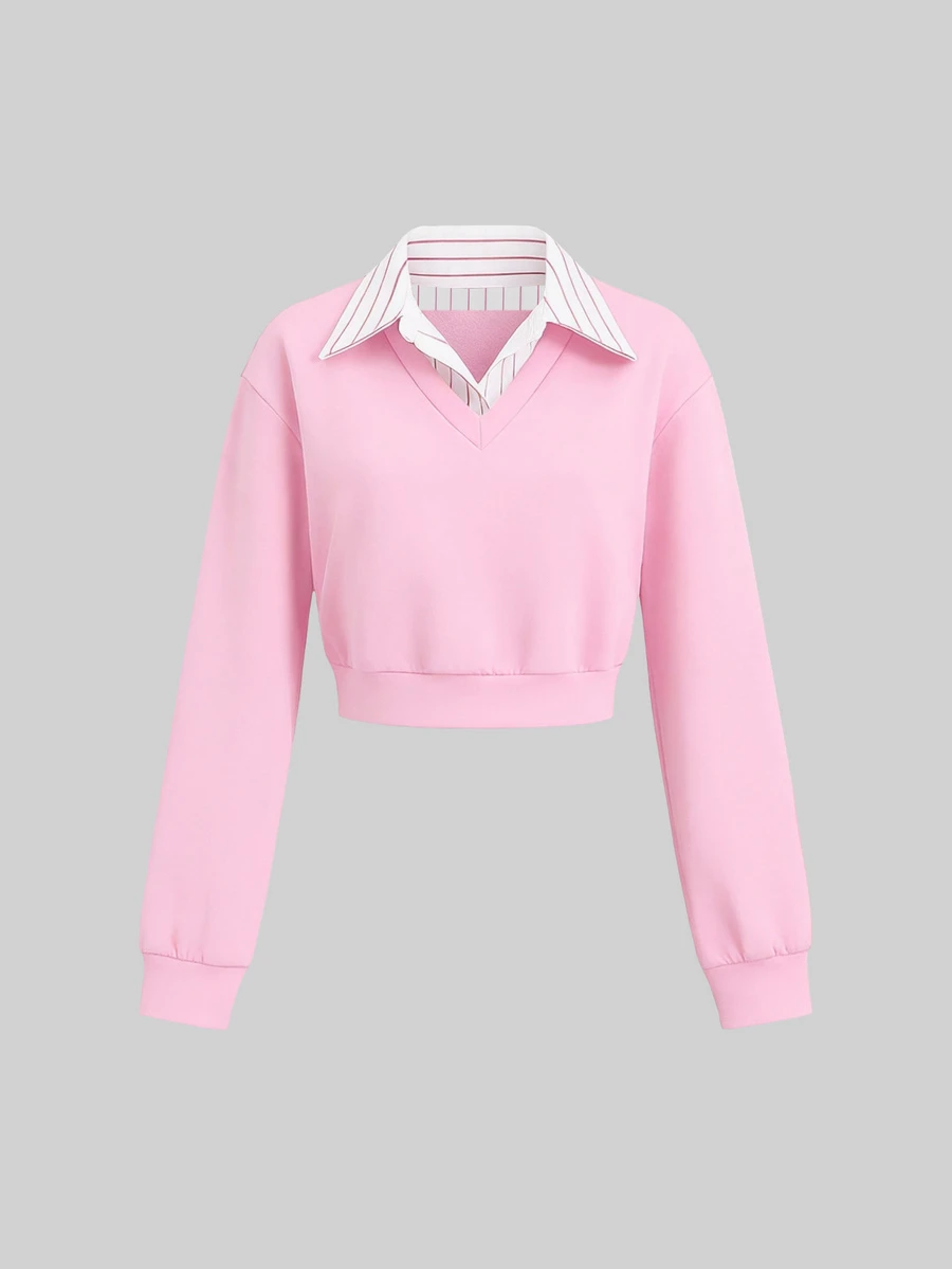 Sweetra Autumn New American Vintage Casual Striped Loose Pullover 2 In 1 Polo Collar Long Sleeve Sweatshirt - Pink - View 1