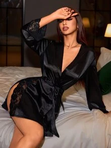 SilkySpell Black Faux Silk Silky Satin Lace Patchwork Sexy Women's Nightgown - Black - View 3