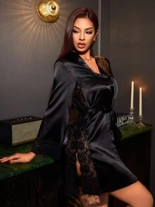SilkySpell Black Faux Silk Silky Satin Lace Patchwork Sexy Women's Nightgown - Black - View 6