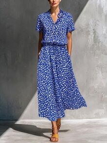 Breezaya Dalmatian Print Drawstring Waist A-Line Dress Maxi Vacation Beach Outfits Women - Blue - View 4