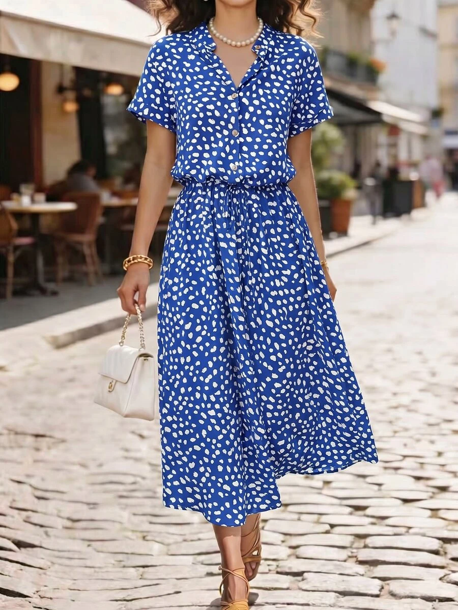 Breezaya Dalmatian Print Drawstring Waist A-Line Dress Maxi Vacation Beach Outfits Women - Blue - View 1