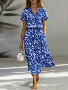 Breezaya Dalmatian Print Drawstring Waist A-Line Dress Maxi Vacation Beach Outfits Women - Blue - View 5
