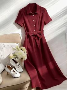 Franclia Elegant Polo Collar Linen Midi Dress, Slimming - Burgundy - View 5