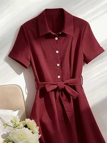 Franclia Elegant Polo Collar Linen Midi Dress, Slimming - Burgundy - View 3