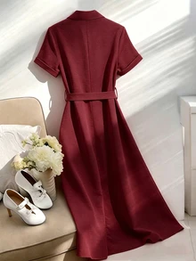 Franclia Elegant Polo Collar Linen Midi Dress, Slimming - Burgundy - View 2