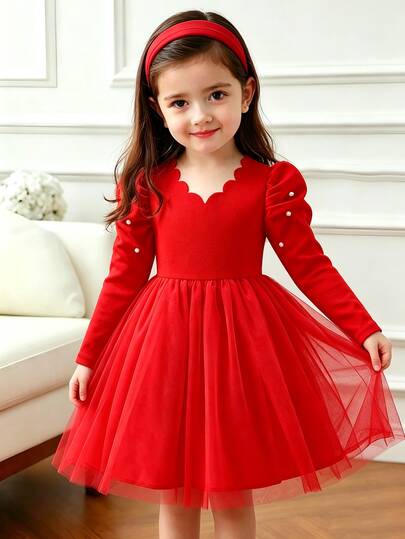 Glamorique Kids Young Girls Christmas Red Mesh Tulle Party Dress Cute Scallop Neck Long Sleeve Pearl Beaded Velvet Princess Gown Holiday Evening Prom Dresses