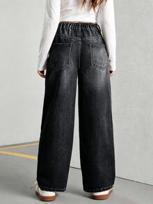 SHEIN Streetcool 青少年女孩復古寬鬆寬腿牛仔褲，休閒直筒牛仔長褲，適合學校、校園、大學，秋季穿搭 - 黑色 - 查看 2