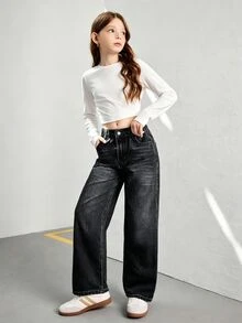 SHEIN Streetcool 青少年女孩復古寬鬆寬腿牛仔褲，休閒直筒牛仔長褲，適合學校、校園、大學，秋季穿搭 - 黑色 - 查看 4