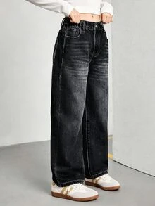 SHEIN Streetcool 青少年女孩復古寬鬆寬腿牛仔褲，休閒直筒牛仔長褲，適合學校、校園、大學，秋季穿搭 - 黑色 - 查看 3