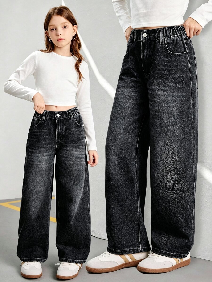 SHEIN Streetcool 青少年女孩復古寬鬆寬腿牛仔褲,休閒直筒牛仔長褲,適合學校、校園、大學,秋季穿搭 - 黑色 - 查看 1