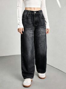SHEIN Streetcool 青少年女孩復古寬鬆寬腿牛仔褲，休閒直筒牛仔長褲，適合學校、校園、大學，秋季穿搭 - 黑色 - 查看 8
