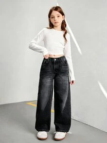 SHEIN Streetcool 青少年女孩復古寬鬆寬腿牛仔褲，休閒直筒牛仔長褲，適合學校、校園、大學，秋季穿搭 - 黑色 - 查看 5