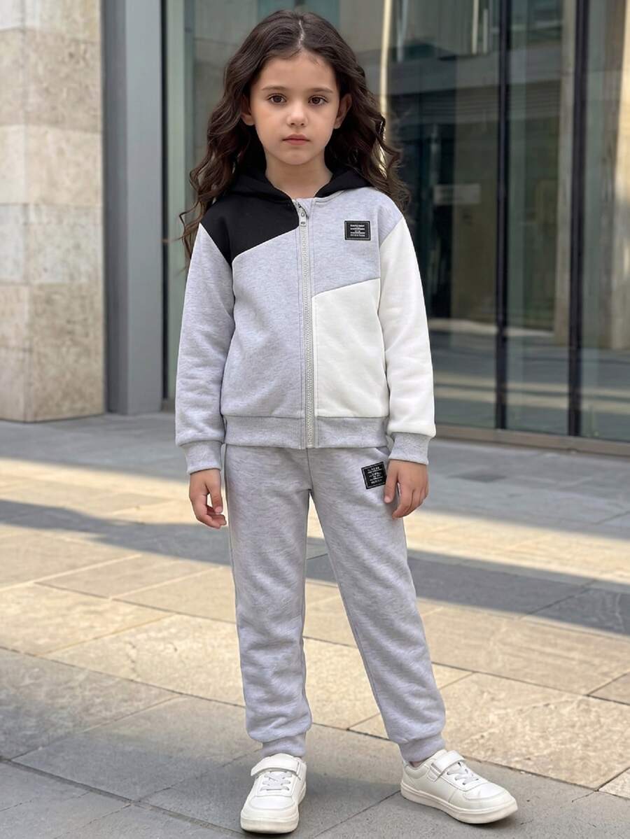 Elladie kids 幼童女童拼色拉鍊連帽外套與運動長褲套裝,休閒運動風秋季穿搭,2件套運動服,適合日常穿著、學校、公園、戶外玩耍 - 彩色 - 查看 1