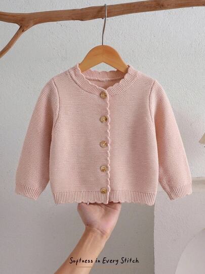 SHEIN Baby Girls Cardigans, Round Neck Knitted Cardigan, Solid Color Sweater, Apricot, Sweet Pastoral Lady Style, Cute Comfortable Minimalist Basic Versatile Casual Fashion, Suitable For Winter Autumn, Travel Outdoor Play Sports School Picnic