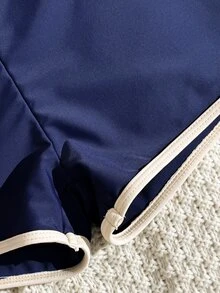 SHEIN Swim 春夏新款多色鵝黃紋理布料海洋海星飾飾邊直筒褲掛脖繫帶女款2件式海灘度假泳裝套裝 - 寶藍色 - 查看 6