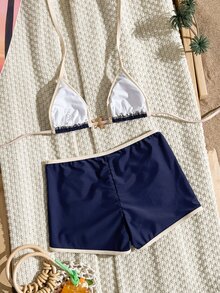 SHEIN Swim 春夏新款多色鵝黃紋理布料海洋海星飾飾邊直筒褲掛脖繫帶女款2件式海灘度假泳裝套裝 - 寶藍色 - 查看 5