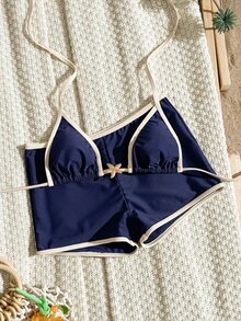 SHEIN Swim 春夏新款多色鵝黃紋理布料海洋海星飾飾邊直筒褲掛脖繫帶女款2件式海灘度假泳裝套裝 - 寶藍色 - 查看 2