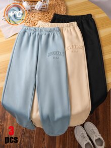 SHEIN 3件組兒童青少年男孩休閒百搭款運動長褲，黑色、藍色、卡其色，適合學校、日常休閒外出、運動，冬季穿著 - 彩色 - 查看 3