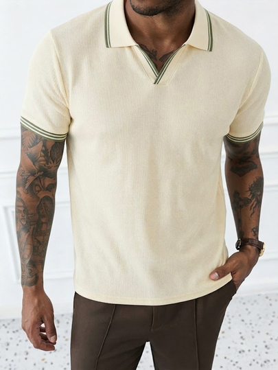 HUEFORM Men's Old Money Color-Block V-Neck, Loose Fit Polo Shirt,Soft-Textured Fabric, Suitable For Both Daily Outings And Lounging At Home