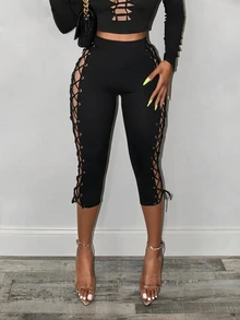 SHEIN BamGlam New Autumn-Winter Women's Shorts, With A Side Buckle Design Featuring Interlocking Eyelets, Street Style, Cool Girl Outfit, Suitable For - Black - View 5