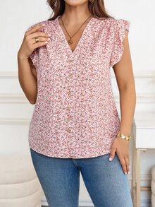 SHEIN Clasi Curve 大尺碼女款日常休閒柔軟修身波西米亞風度假粉色碎花V領小蓋袖寬鬆上衣 夏季可愛春季晚餐穿搭 - 粉色 - 查看 3
